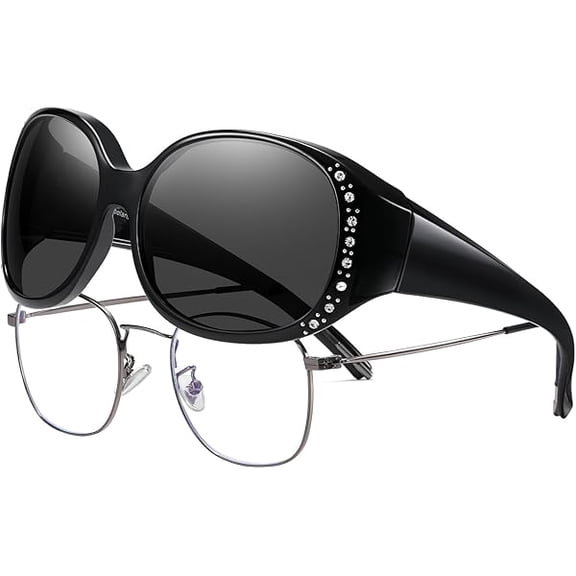 LYH Women's Polarized Fit Over Sunglasses with Rhinestone, Sun Glasses for Prescription Glasses UV400 Protection
