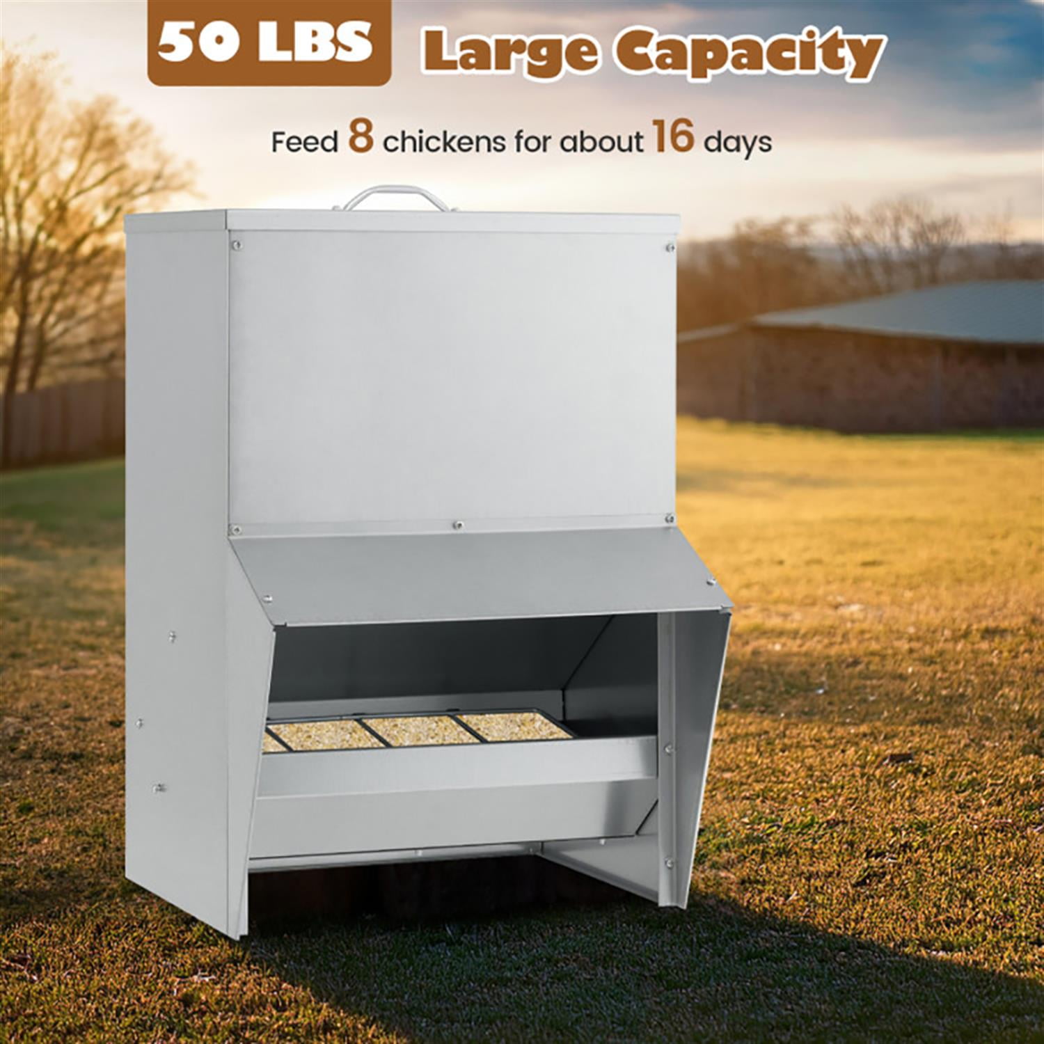 Kadyn Wall Galvanized Chicken Trough Feeder, Weatherproof Poultry Food Dispenser with Lid 50LB Capacity, Silver