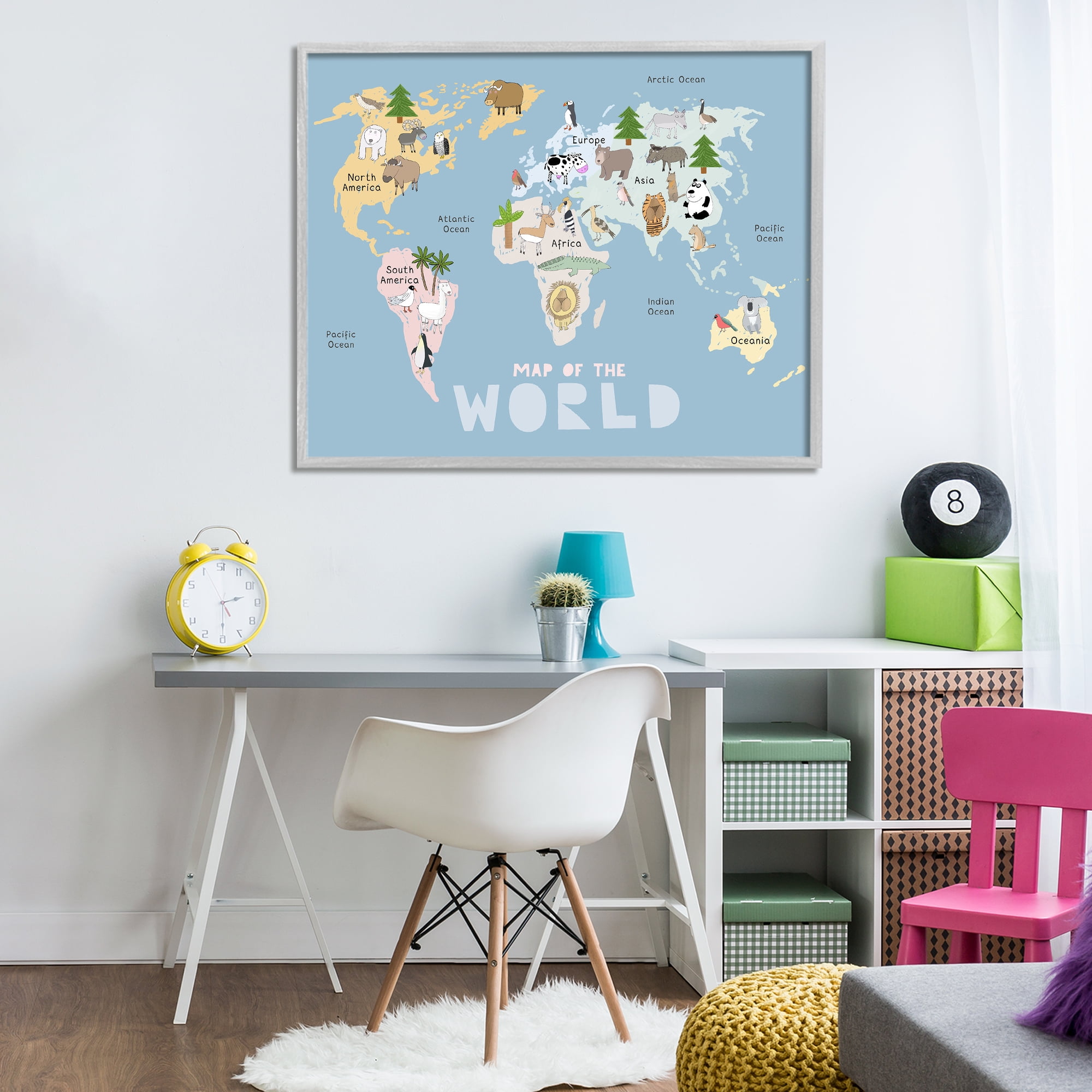 Kid's Map Of World Blue Gray Framed Giclee Art, design by Carla Daly