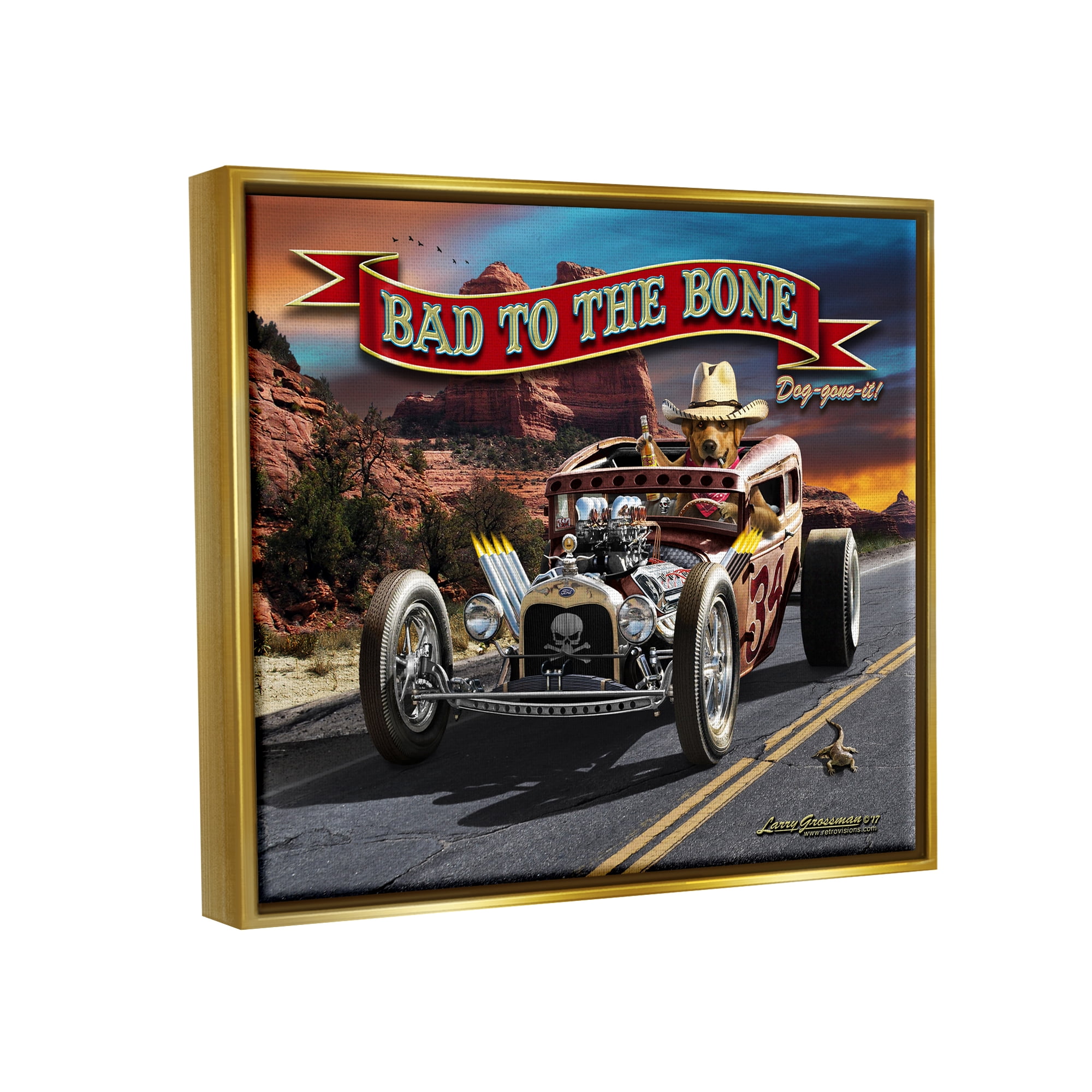 Stupell Industries Bad to the Bone Dog Transportation Painting Gold Floater Framed Canvas Art Print Wall Art, 21 x 17