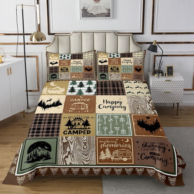 YST Rv Camper Theme Quilt Bedding Set King,Kids Happy Camping Bedspread Rustic Cabin Room Decor,Travel Trailers Accessories Camper Quilts Set for Bunk,Patchwork Buffalo Plaid Coverlet Set