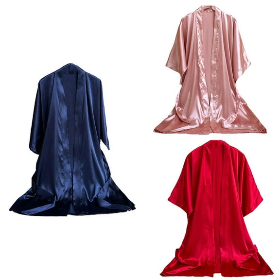 Antinious Women Solid Soft Fashion Casual Silk like Mid Length Open Front Robe,Holiday!Robes for Women,Women Pajamas Bathrobes,Blue,M