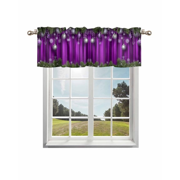 Purple Christmas Kitchen Curtain Valances for Windows Farmhouse Short Curtains, Xmas Balls Botanical Snowflake Rod Pocket Valance Curtain for Bedroom Cafe Living Room 54"x18"