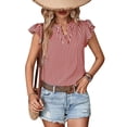 thumbnail image 1 of Ruffle manga corta blusa raya patrón impreso V escote manga corta blusa para mujer dama, 1 of 5