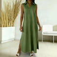 thumbnail image 2 of Hduncf Casual Dresses for Women Summer Sleeveless V Neck Cotton Linen Sundress Solid Color Collared Button Up Beach Maxi Dress Green XL, 2 of 5