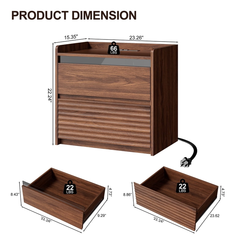 Satifur Smart LED Nightstand, Walnut Fluted Design photo 3