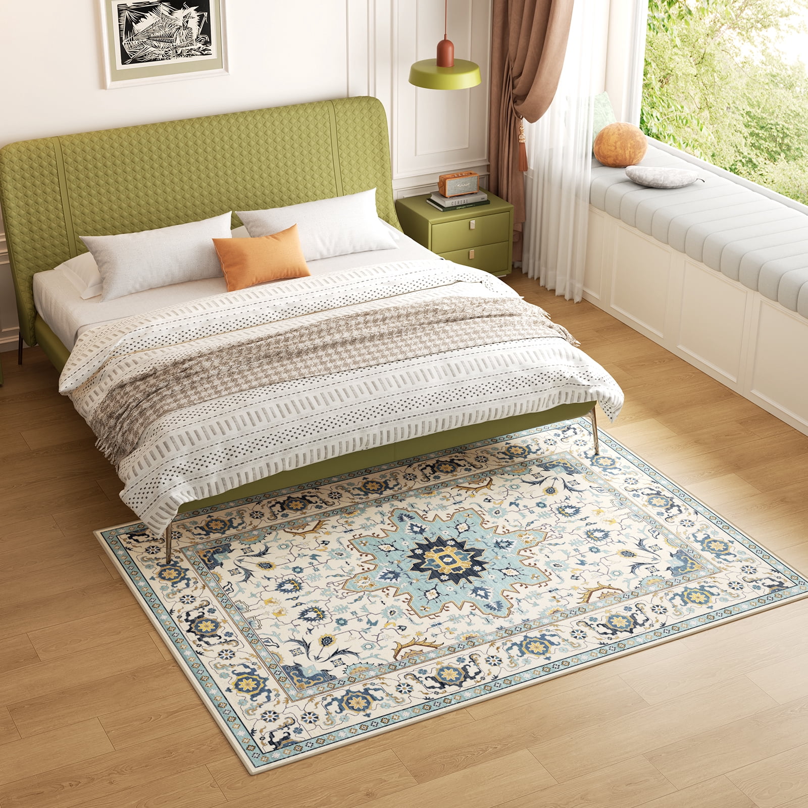 Washable Area Rug for Living Room, NovDeco 5'x7' Non-Slip Vintage Persian Light Blue Indoor Rug, Low Pile Stain Resistant Carpet for Bedroom Nursery