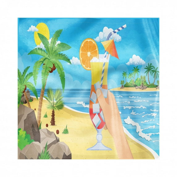 Alcohol Decorative Satin Napkins Set of 4, Glass of Cocktail in Hand with Tropical Landscape of Palm Trees Beach and Ocean, Square Fabric Party & Dinner Napkin, 18", Multicolor, by Ambesonne