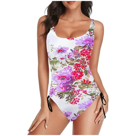 TrendVibe365 Swimsuit for Women Bodysuit Hot Pink One Piece Thong Adjustable Shoulder Strap Floral Swimwear Beachwear L