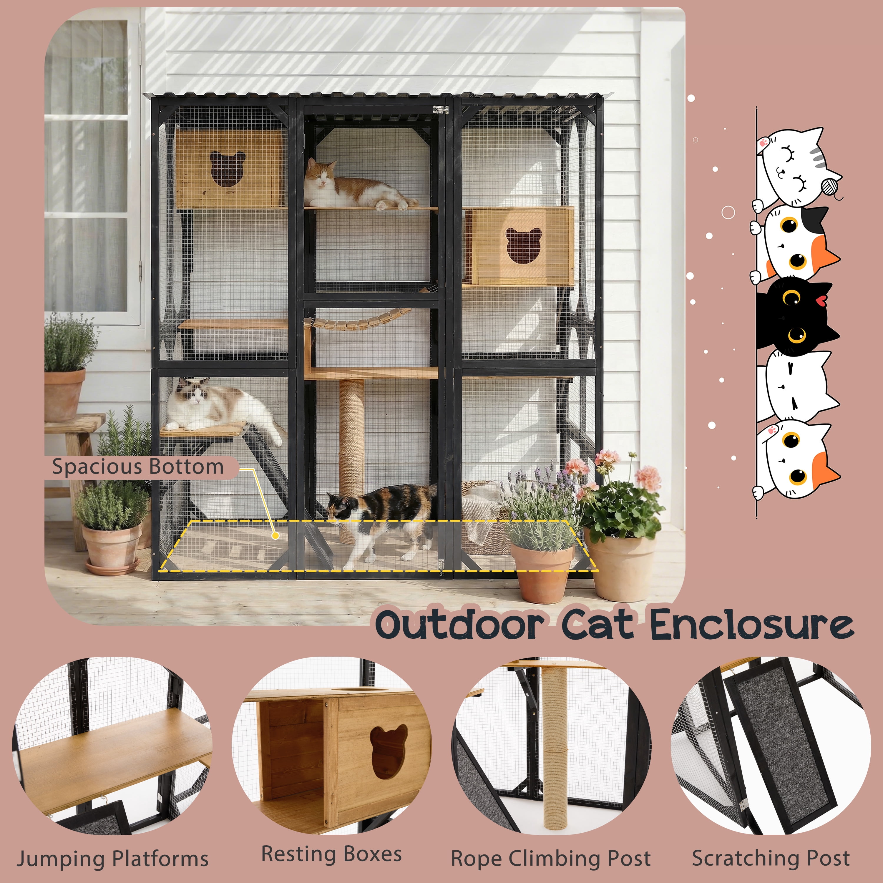 Outdoor Cat Enclosure Fir Wood Catio Outdoor Cat House Patio Cat Playpen with Sleeping Houses, Jumping Platforms, Scratching Post and Secure Doors for Cats, Black+Natural