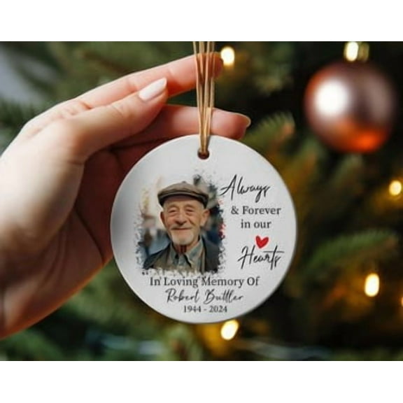 Personalized Memorial Christmas Ornament Custom Photo & Name Always in Our Hearts Keepsake Gift 3-inch Ceramic Decoration
