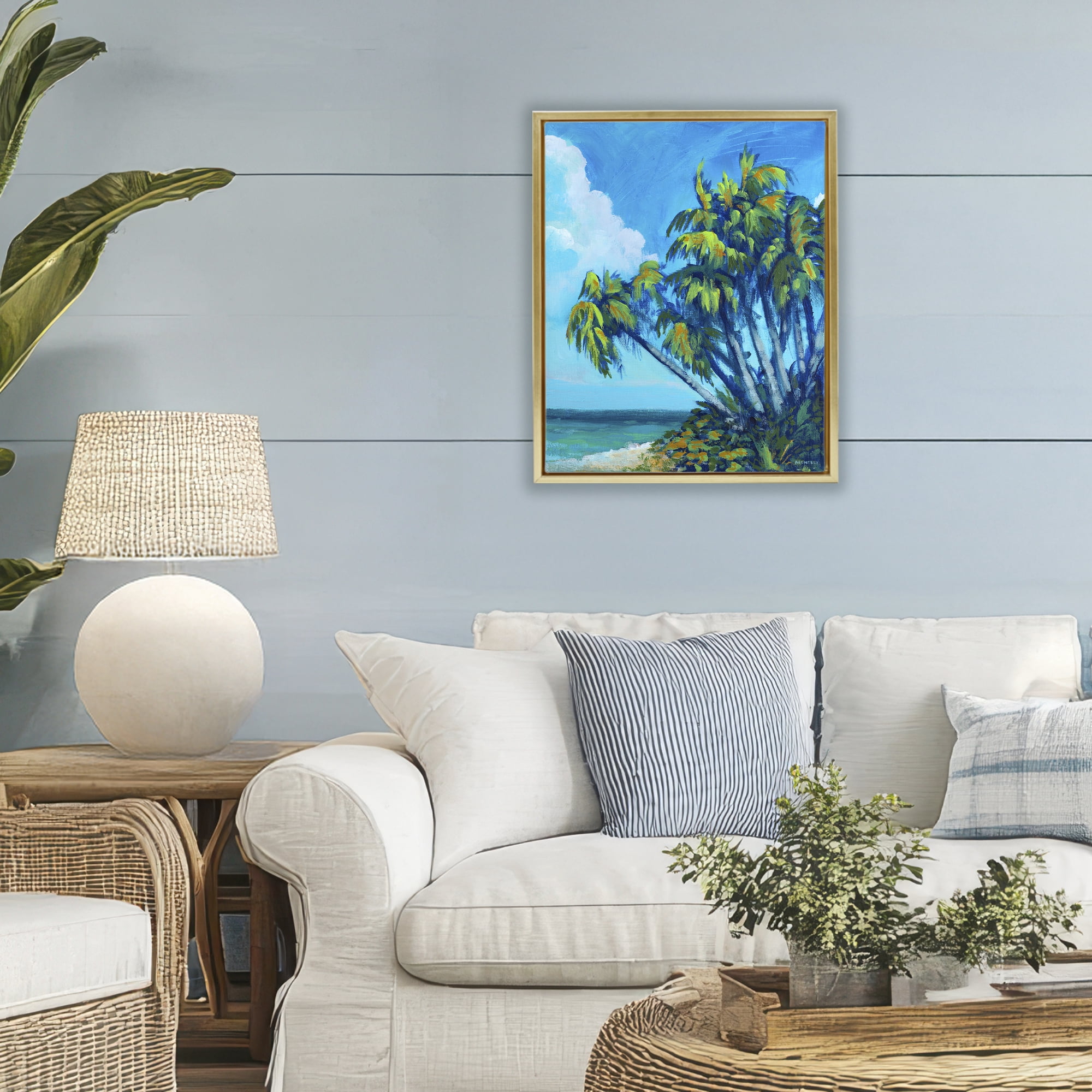 Stupell Industries Cerulean Sky & Palms Gold Framed Floater Canvas Wall Art, design by Dan Meneely