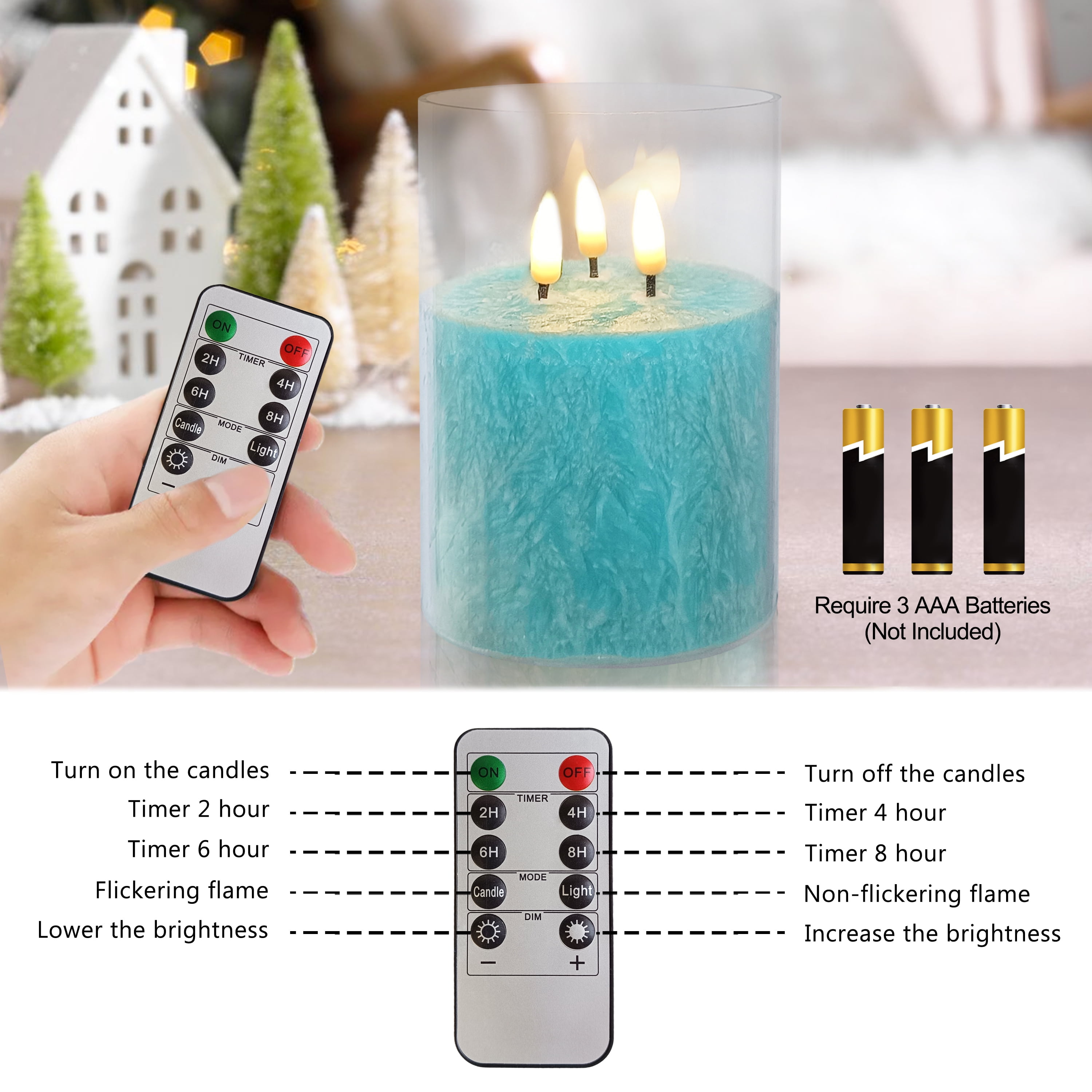FCMSHAMD 5Inch Flameless Candle with 3 Wicks, Glass LED Pillar Candle, Real Wax Battery Operated Candle with Remote Control and Timer, Blue