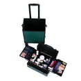 thumbnail image 5 of Draw-Bar Style Aluminum Rolling Makeup Case, 4-in-1 Large Capacity Trolley Makeup Travel Case with Locks & Swivel Wheels, Portable Cosmetic Case, Salon Barber Case Traveling Cart Trunk, Dark Green, 5 of 9