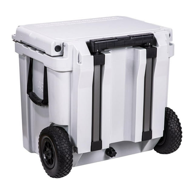 Husky Towing Beverage Cooler BDCR45 Big Dog; Hard; Uses Ice; With Cutting Board/Two Cup Holders/Interior Basket/Exterior Basket Holder; With Rubberized Wheels; BigDog Logo; White; Thermoplastic
