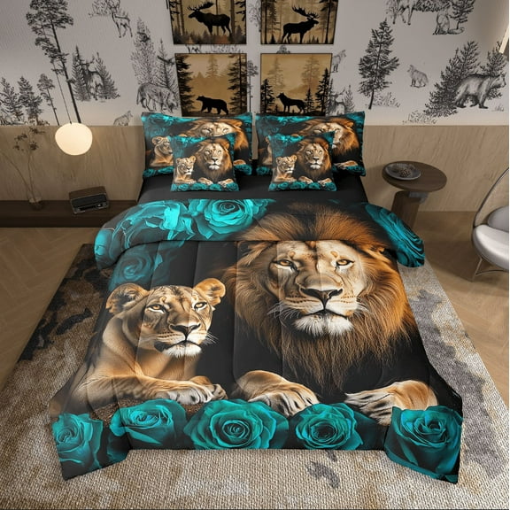 Lion Bed in a Bag Queen Comforter Set 7 Piece,Teal Rose Sheet Set with Comforter,Western Bedding Sets,African Animals Bed Set Wildlife Flowers Room Decor