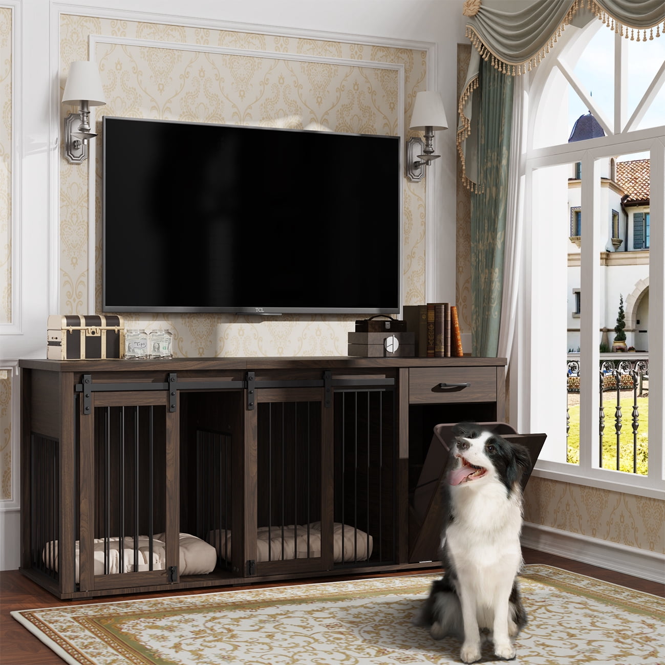 71'' Multi- Functional Dog Crate Furniture for 2 Dogs with Divider and Sliding Doors, Large Dog Kennel with Storage Drawer and Tilt Out Trash Cabinet, Brown