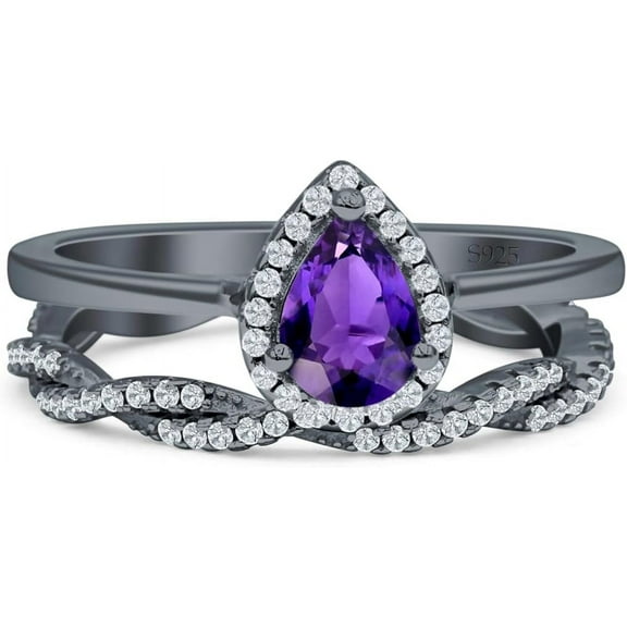 beryl_creation 2.20 Ct Pear Cut Purple Amethyst Christmas Thanksgiving Engagement Bridal Ring Set 14K Black Gold Plated 925 Sterling Silver For Women's -6.5