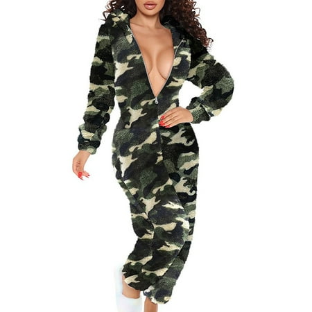 

Jumpsuits for Women Fleece Pajamas For Women Warm Plush Onesie Cozy Jumpsuit Winter Long Pajamas Jumpsuit With Hood And Zipper Romper Women