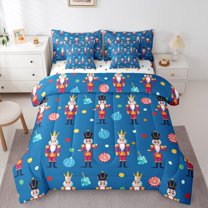 Manfei Cartoon Nutcracker Bedding Comforter Set 7-Piece for Kid, Christmas Polka Dots King Bedding Sets, Happy New Year Reversible Bed Sheets, Breathable Home Decor