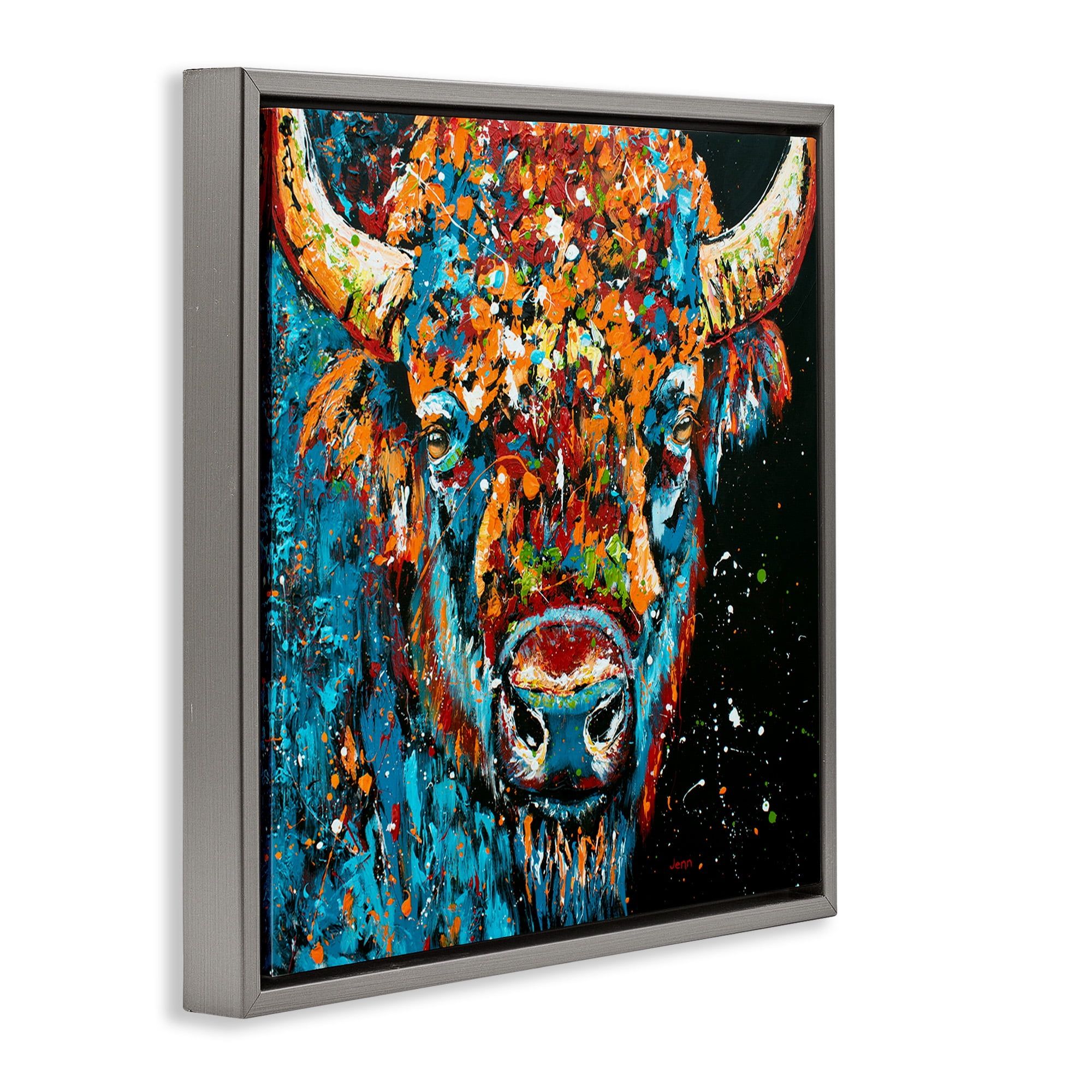 Stupell Industries Modern Bison with Paint Splatter Animals & Insects Painting Gray Floater Framed Canvas Art Print Wall Art, 18 x 18
