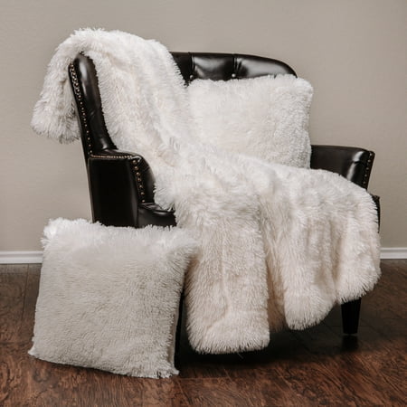 Chanasya 3-Piece Super Soft Shaggy Throw Blanket Pillow Cover Set - Chic Fuzzy Faux Fur Elegant Cozy Fleece Sherpa Throw (50
