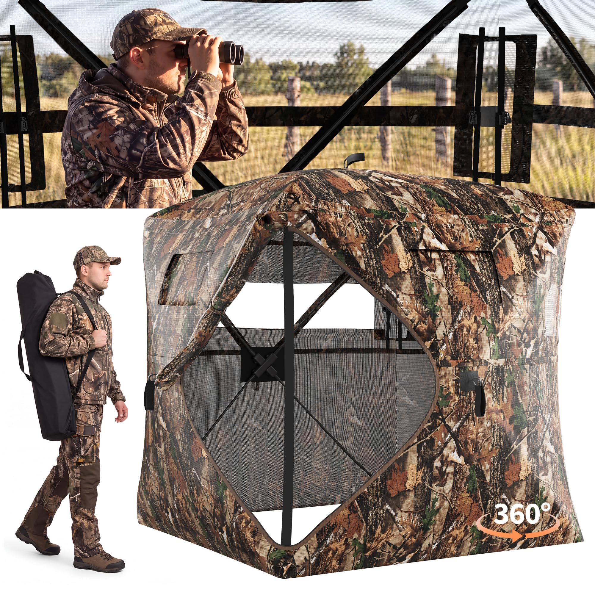 Hunting Blind 270 Degree See Through Ground Blind for Deer Hunting 2-3 Person Pop Up Hunting Blind with Silent Window Camouflage Hunting Tent for Turkey & Wild-life Observation