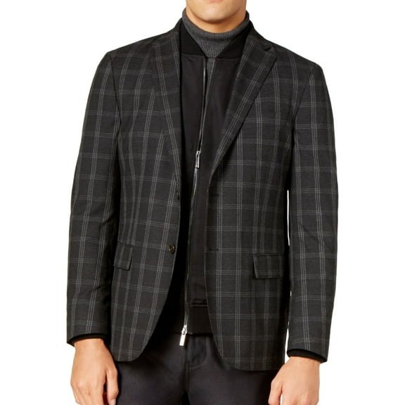 Ryan Seacrest Mens Windowpane Two Button Blazer Jacket, Grey, 42 Long
