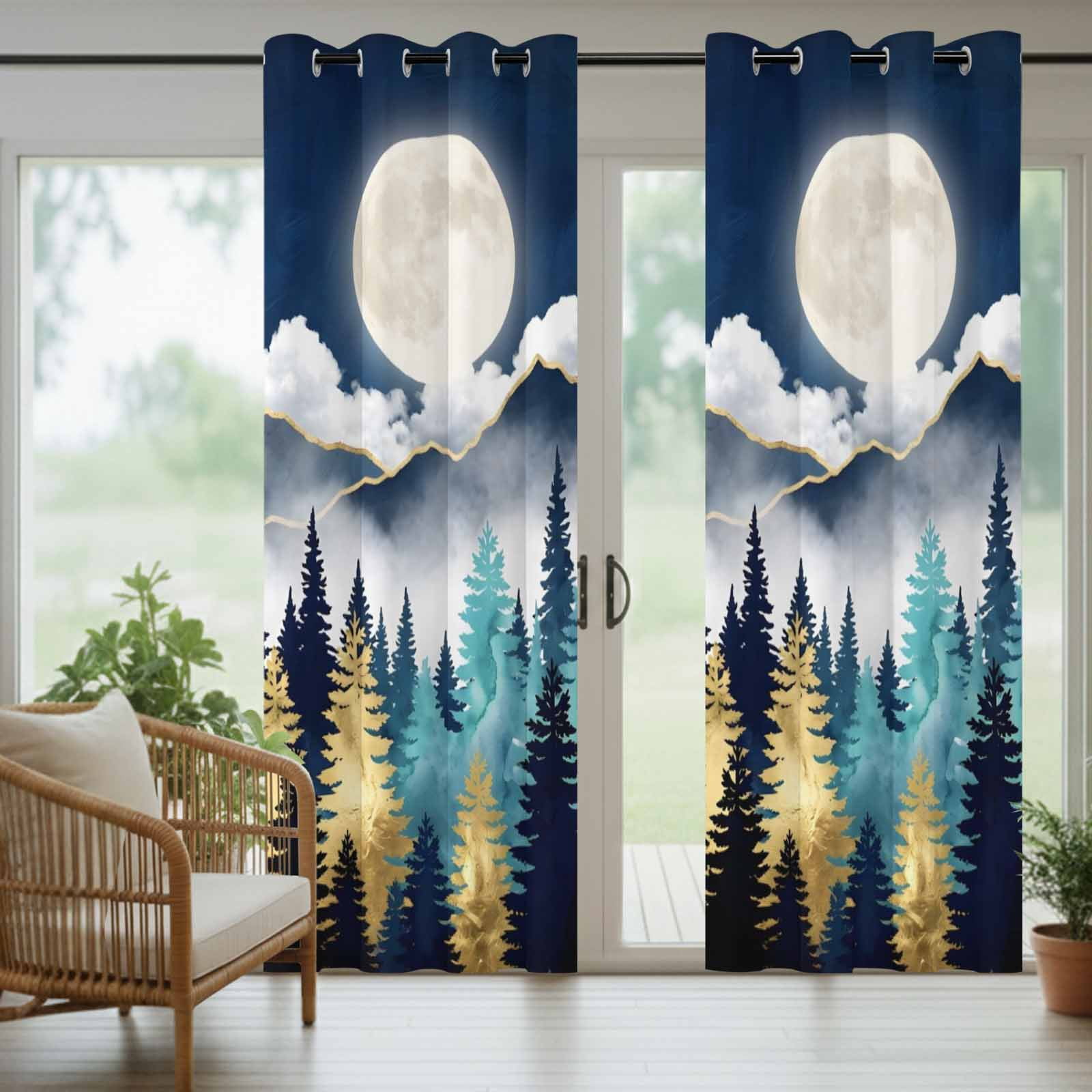 Night Forest Outdoor Curtains for Patio, Mountain Cloud Moon Gold Teal Pine Tree Sunshade Privacy Drapes Grommet Waterproof Outside Curtains for Porch/Cabana/Balcony 54"x 108", 1 Panel