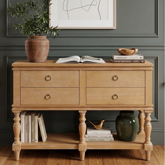 Euroco Retro Console Table with 4 Drawers, Solid Wood Entryway Table with Classic Turned Legs & Bottom Shelf, Sofa Table Behind Couch for Living Room,Hallway,Natural