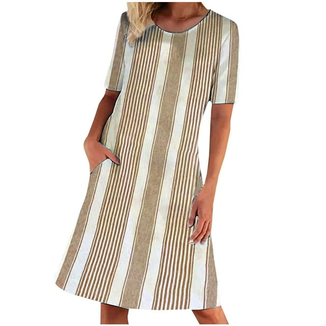 EQWLJWE Robes d'Été pour Femmes 2023 Robe à Col Rond pour Femme Mode Décontractée Tempérament Chandail à Manches Courtes Imprimé Décontractée Ample avec Poches