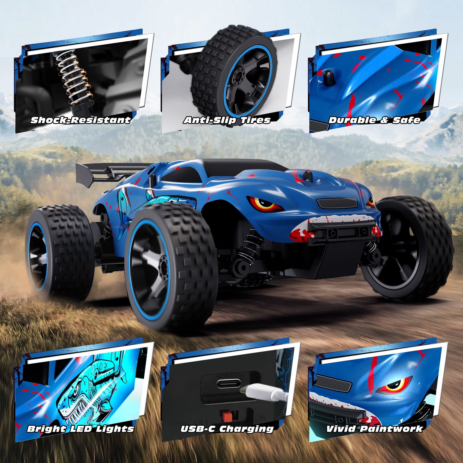 Tecnock RC Cars for Kids, 1:18 Scale 2WD Off-road Remote Control Car with USB-C Easy Charging, 2.4GHz RC Trucks with LED Lights & 50 Mins Playtime