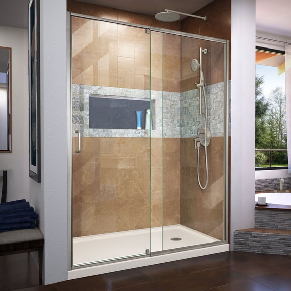 DreamLine Flex 36 in. D x 60 in. W x 74 3/4 in. H Semi-Frameless Shower Door in Brushed Nickel with Right Drain Biscuit Base Kit