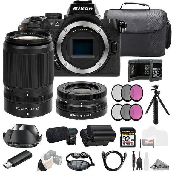 Nikon Z50 II   16-50mm & 50-250mm VR Lenses   Mic  32GB  Ext Bat 3 PC Filter- Kit (International Version)