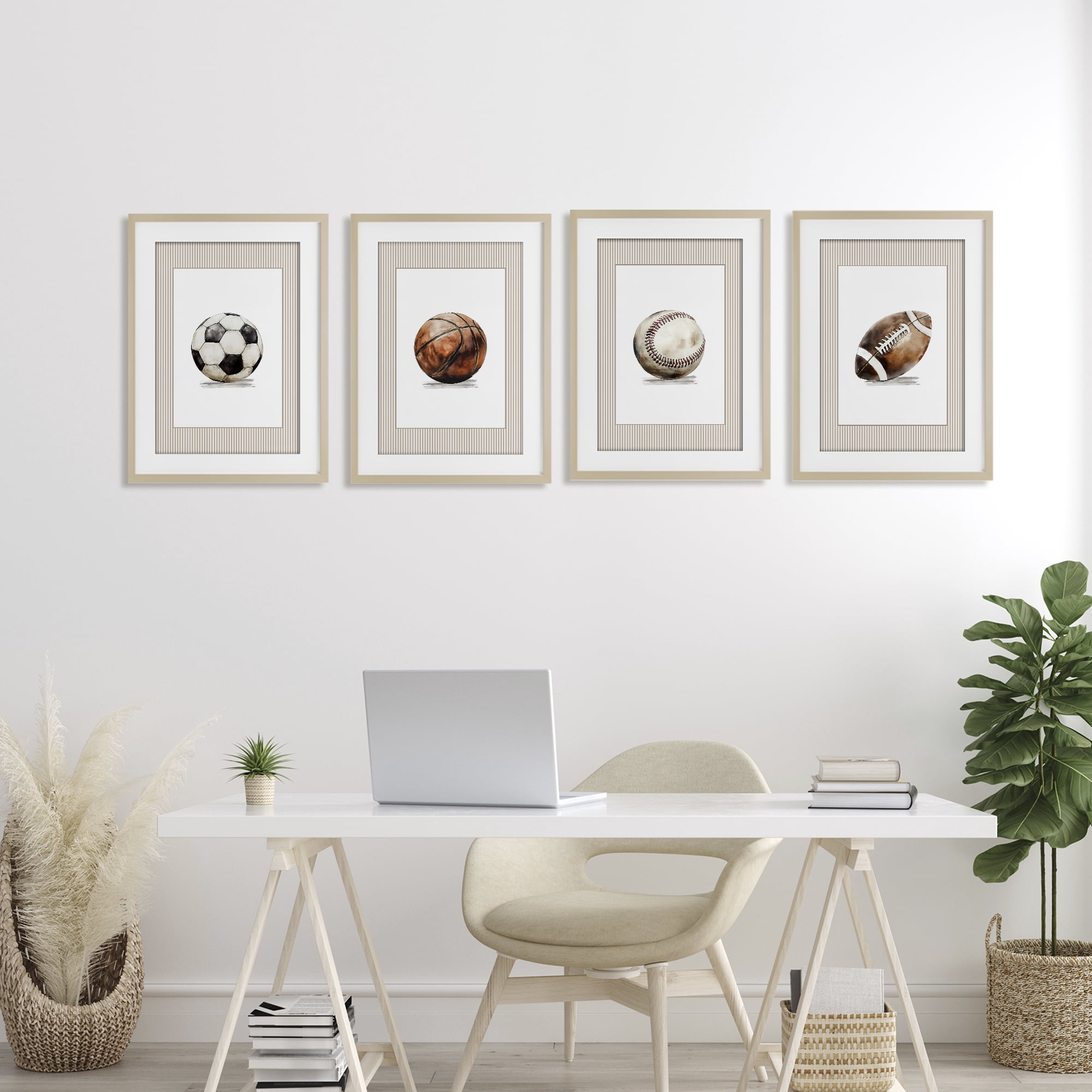 Stupell Industries Vintage Sports Beige Stripes 4 Piece Birch Framed Print Under Glass Set, design by Christine Simpson Art