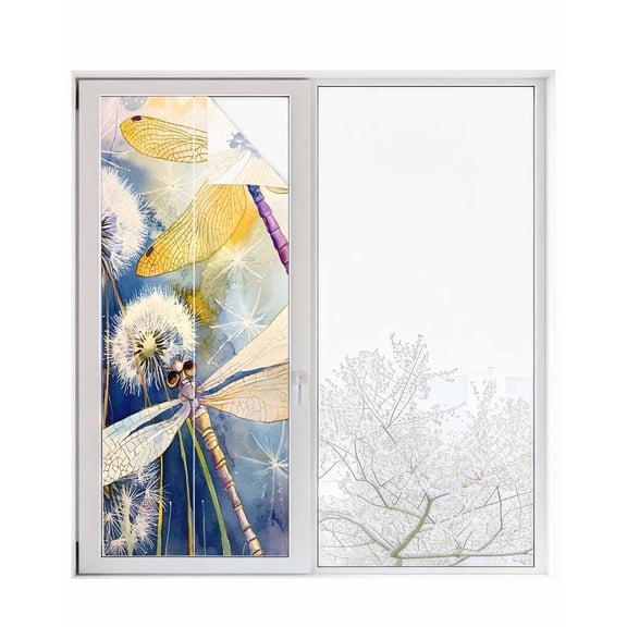 Window Privacy Film Yellow Dragonfly Stained Glass Window Film Decorative Sun Block Window Cover Summer Spring Floral Watercolor Window Clings Static Adhesive Sticker for Bathroom 29.5"x78.7"