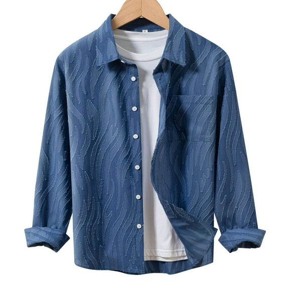 GuzomFashion Mens Winter Coats Mens Navy Long Sleeve Button-Down Shirt - 75% Rayon 25% Polyester, Relaxed Fit Textured Casual Style with Chest Pocket (S to XXXL),Size S