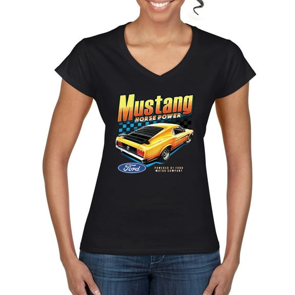 Wild Bobby Ford Yellow Mustang Horsepower Cars and Trucks Women Standard V-Neck Tee, Black, Small