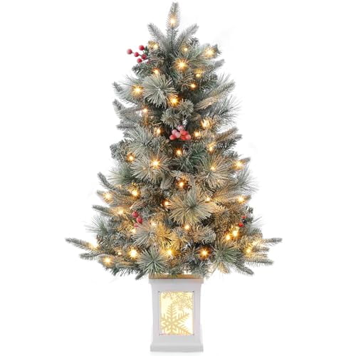 3 Ft Pre-Lit Artificial Christmas Tree with LED Lights, Snow Flocked Xmas Frost Trees Decoration for Home, Office, Small Spaces,8 Modes Lighting Snowflake Base, Battery Operated Timer