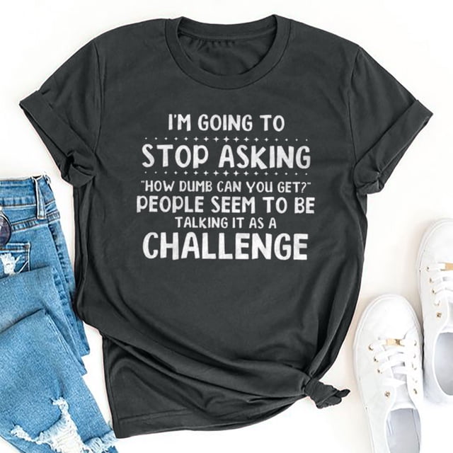 RXIRUCGD Hauts de Sortie pour Femmes Mode Été Décontracté Col Rond Imprimé Lettre Manches Courtes T-Shirt Chemises Femmes Gris Foncé