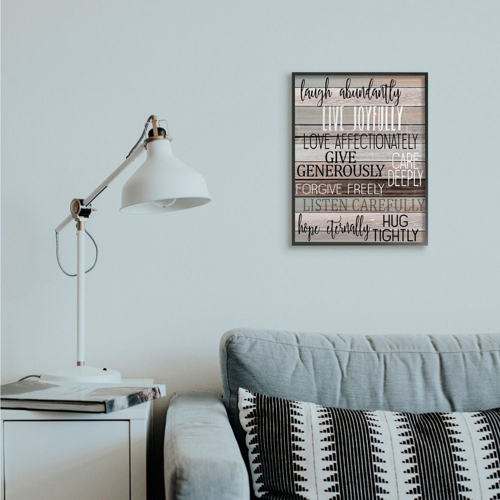 Stupell Industries Live Joyfully Phrases on Wood Grain Brown Tan Teal Framed Wall Art Design by Kim Allen, 16" x 20", Black Framed