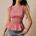 thumbnail image 2 of Women Cute Boat Neck Tie Shoulder Plaid Print Tank Top Y2k Slim Fit Sleeveless Ruffle Hem Smocked Cami Shirt Red L, 2 of 5