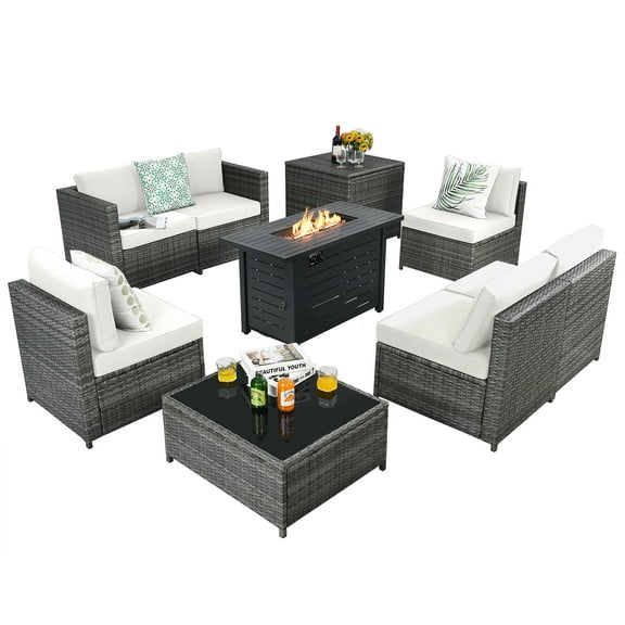 Patiojoy 9 PCS Rattan Dinning Set Wicker Sofa w/Propane Gas Fire Pit 60,000 Btu Heater Off White