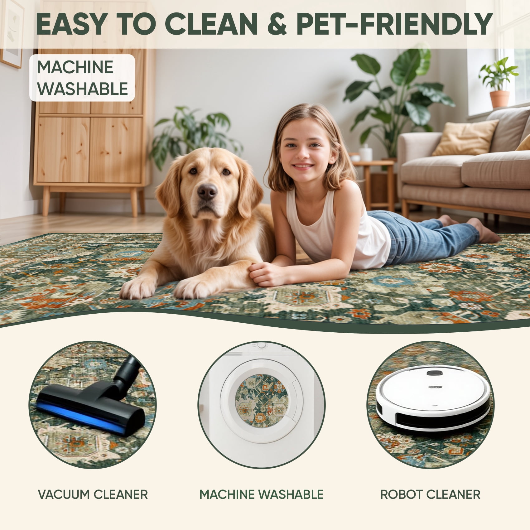 Rugs for Living Room 5x7, Non Slip Machine Washable Indoor Large Rug, Low Pile Chenille Print Mat for Bedroom Dining Room Home Office Kitchen,dark green