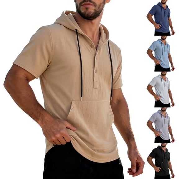 Guluxicc Men's Hooded Cotton Tops Drawstring Button Collared Short Sleeve Shirts Regular Fit Trendy Solid Color Summer Casual Tops with Pocket