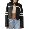 thumbnail image 3 of Stand Collar Women Long Sleeve Faux Leather Zipper Jacket Motorcycle Crop Coat, 3 of 5