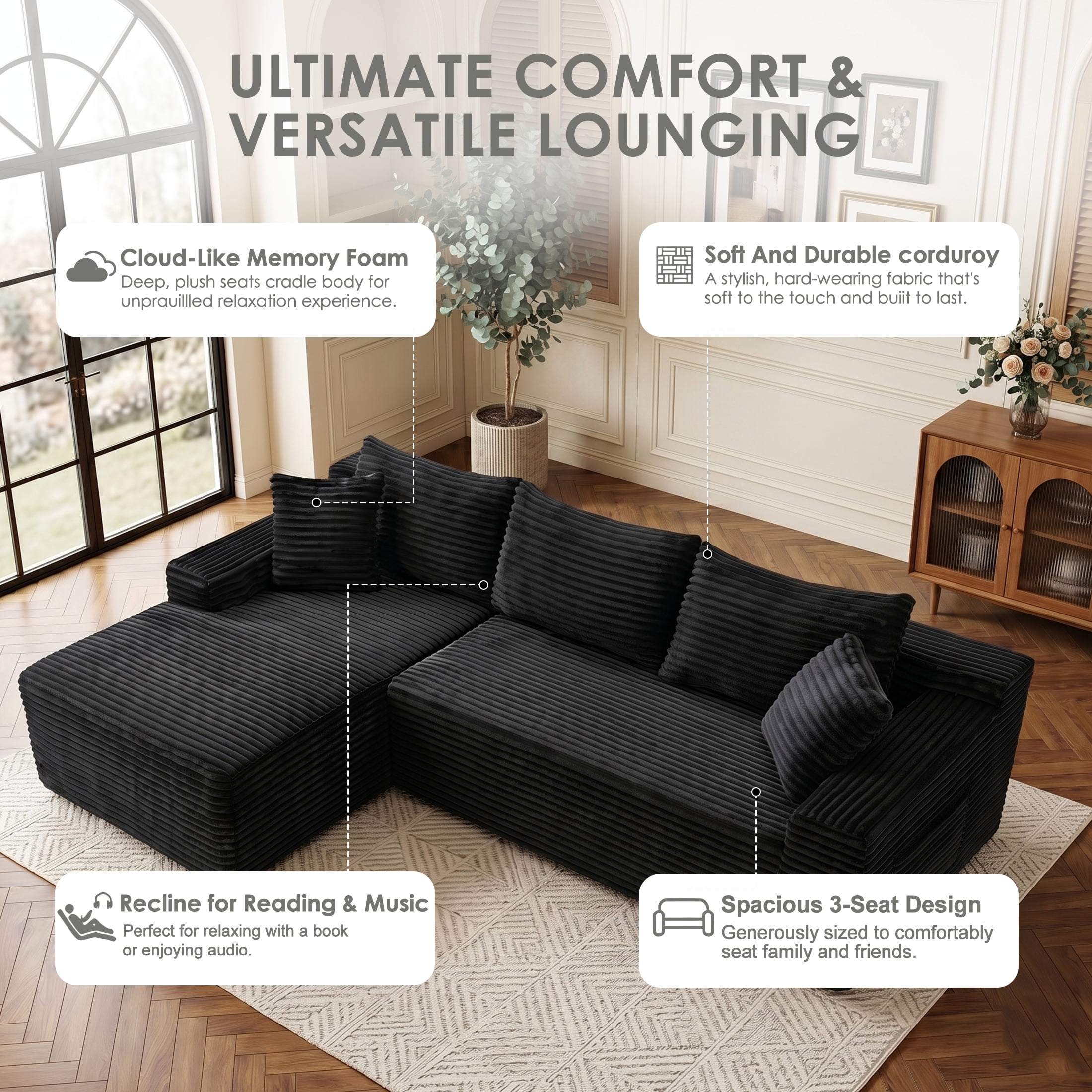 Xiweot 106" Cloud Sectional Sofa Deep Seat Boneless Couch L-Shaped Modular Couch, Modern Left Chaise Corduroy Upholstered Sofa with Side Pockets for Living Room, Black