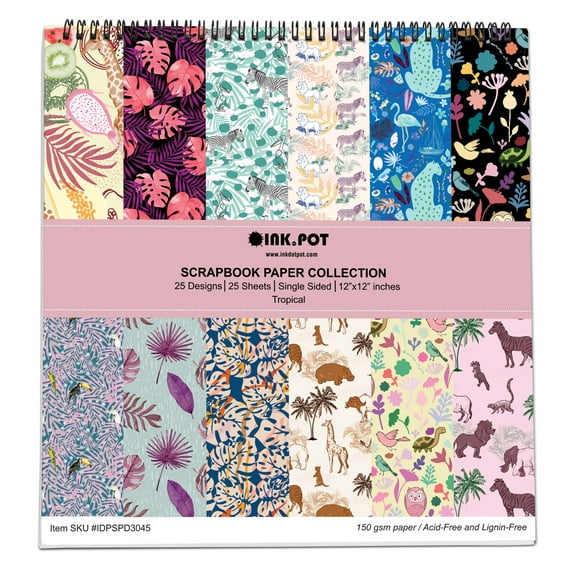 Inkdotpot 25 Sheets Tropical Scrapbook Paper Pad 12x12- Single-Sided Scrapbook Paper- Colorful Cardstock Paper Scrapbooking DIY Decorative Background Cardmaking Supplies- Journal Craft Paper