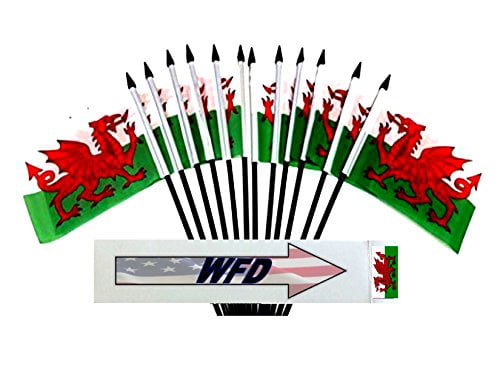 12pcs Wales Welsh Hand Waving Flags w/ Pole Fan Support Festival Party Favor 