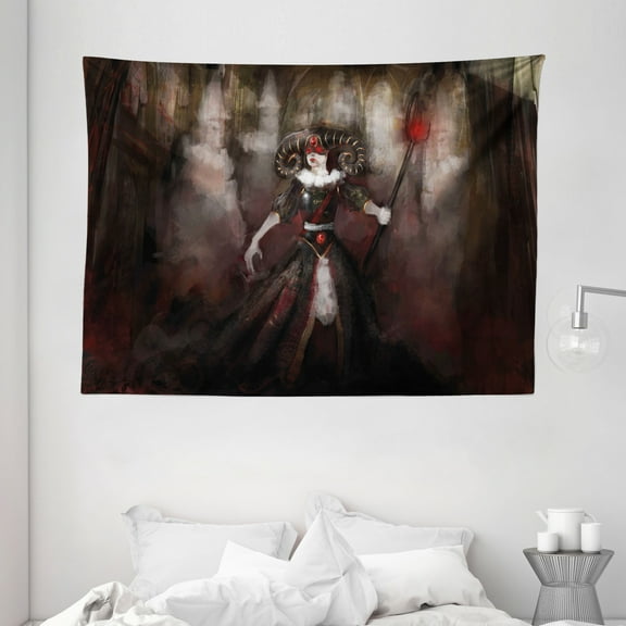 Gothic Tapestry, Medieval Evil Woman Horns Mask Witch Myth Fantasy Old Fashion Scary Watercolor, Wall Hanging for Bedroom Living Room Dorm Decor, 80W X 60L Inches, Black Red Grey, by Ambesonne